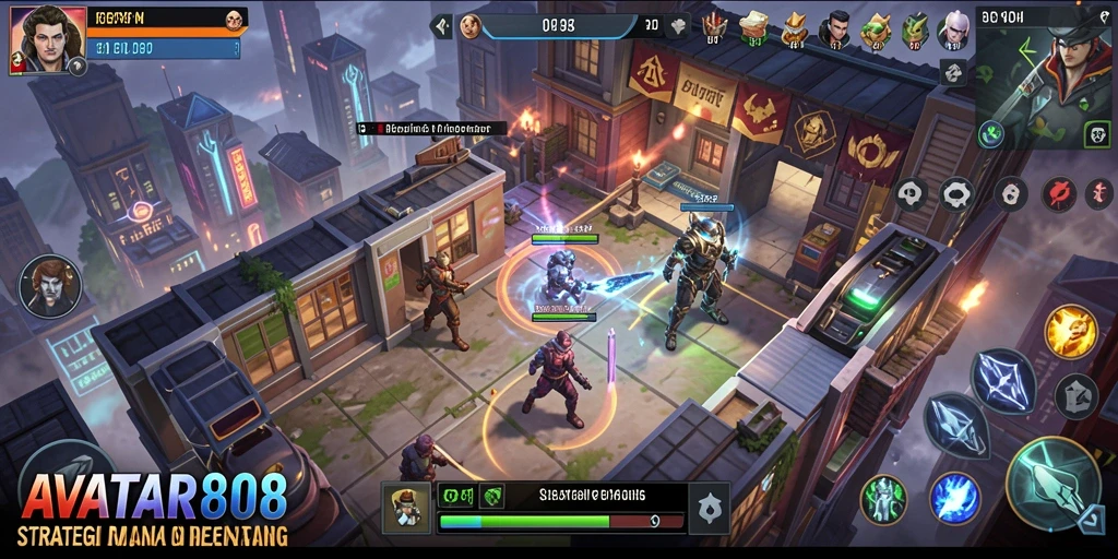 Screenshot AVATAR808 menunjukkan aksi strategis yang dinamis dan grafis yang menawan.