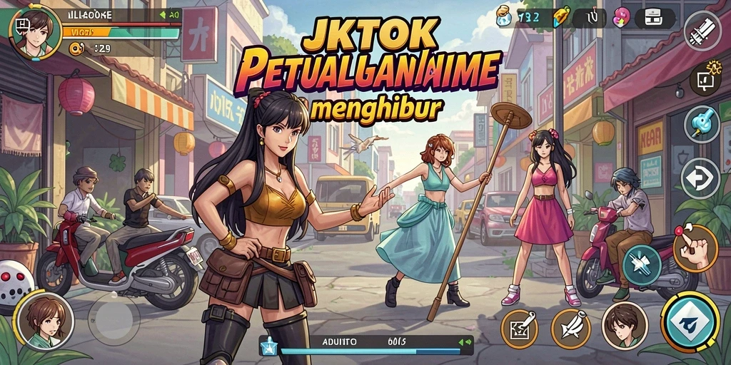 Tampilan screenshot utama JKTOK yang menampilkan petualangan karakter anime.