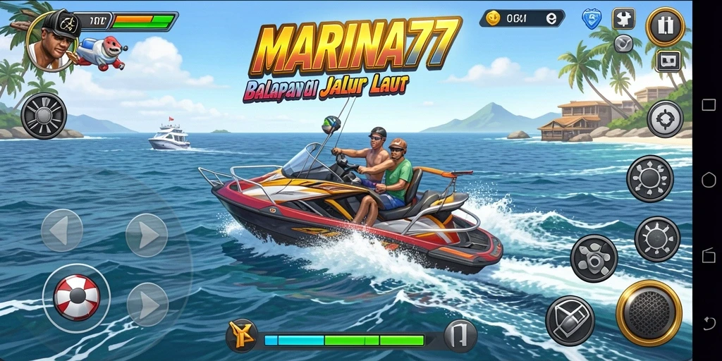 Tampilan gameplay seru di <strong>MARINA77</strong> dengan kapal balap yang cepat.