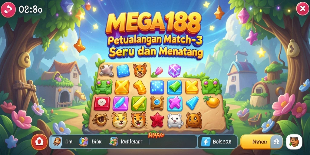 Screenshot permainan MEGA188 yang menunjukkan aksi seru dalam gameplay Match-3.