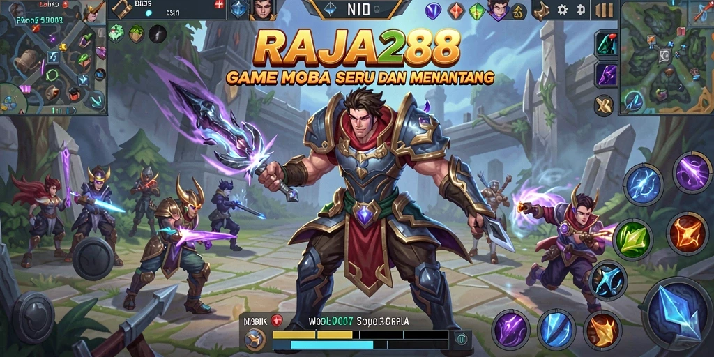 Screenshot RAJA288 menampilkan aksi intens dalam pertarungan MOBA.