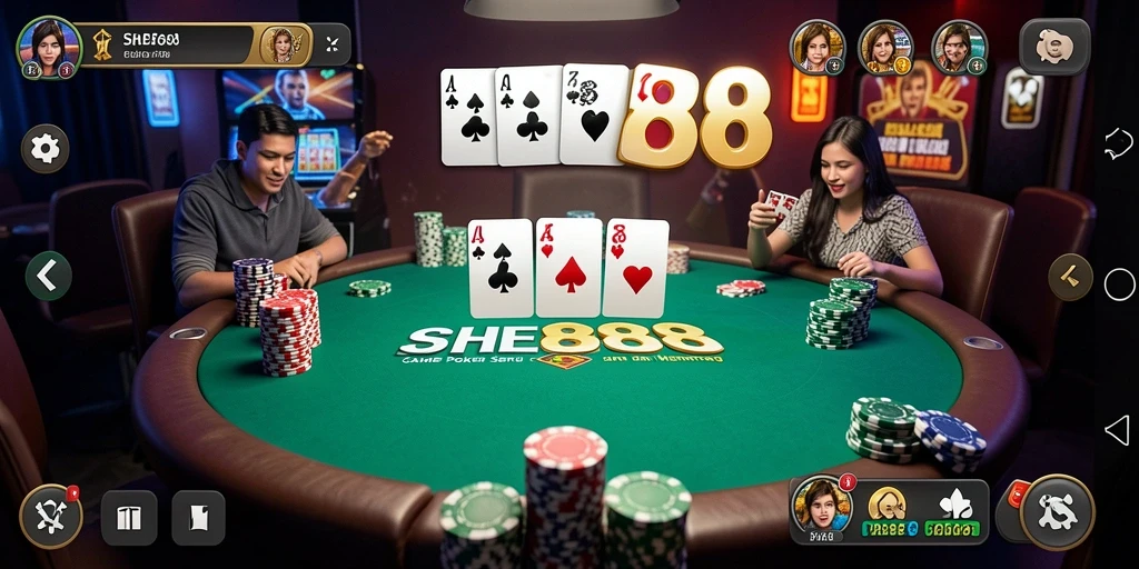 Screenshot gameplay SHE888 menunjukkan suasana seru bermain poker.